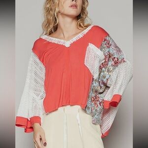 POL - Coral and White Patchwork Women's Top